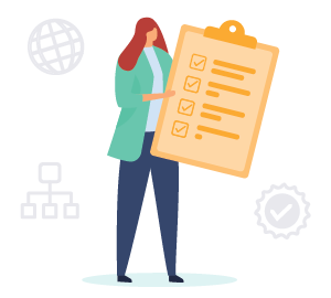 A figure with long hair holds up a giant clipboard with a checklist