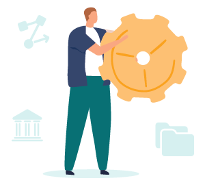 A figure holds up a giant cog