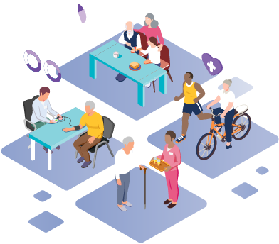 Illustration showing some activities of older people such as socialising, running and cycling. Careworkers are also shown helping older people with health measurements and carrying a tray of food.