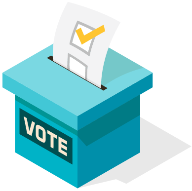 Illustration of a voting box with a ballot paper sticking out showing a checked box