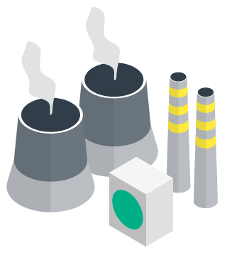 Illustration of 2 power plant cooling towers, 2 smoke stacks and a box with a green circle on it