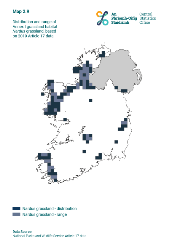 Map 2.9 Distribution and range of Annex I habitat Nardus grassland, based on 2019 Article 17 data