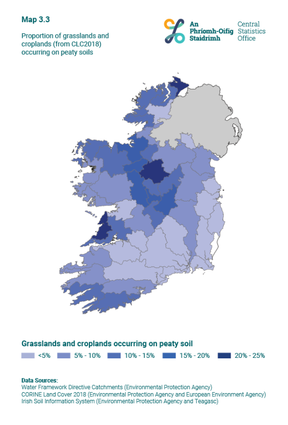 Map 3.3 Proportion of grasslands and croplands (from CLC2018) occurring on peaty soils