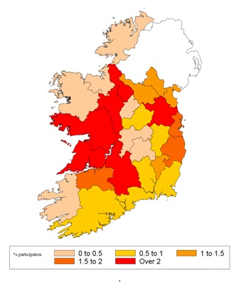Map 1 Student participation in CensusAtSchool Phase 14 questionnaire classified by school's county