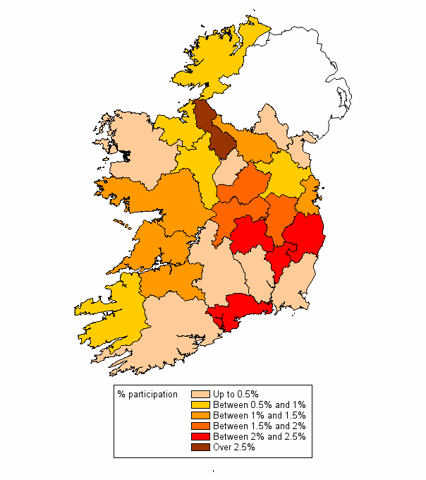 Map 1 Student participation in CensusAtSchool Phase 15 questionnaire classified by school's county