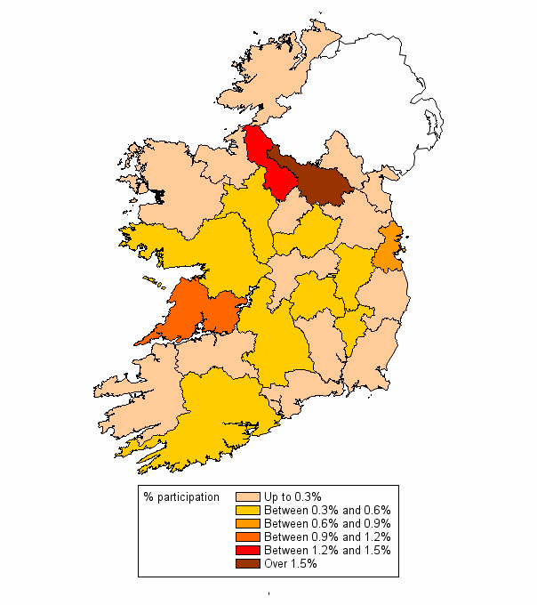Map 1 Student participation in CensusAtSchool Phase 17 questionnaire classified by school;s county