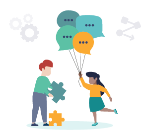 A child holds a bunch of balloons shaped like speech bubbles. Another child holds a puzzle piece with another puzzle piece by their feet.
