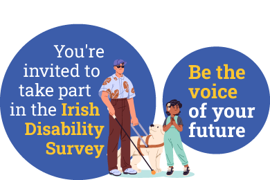 Graphic promoting the Irish Disability Survey, featuring a guide dog user and child. Text reads: 